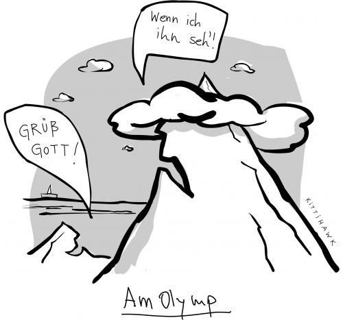 Cartoon: olymp (medium) by kittihawk tagged grüß,gott,olymp,berg,gruß,gott,olymp,olympische spiele,olympiade,olympia,berg,gebirge,spitze,götter,griechenland,mythologie,zeus,christen,religion