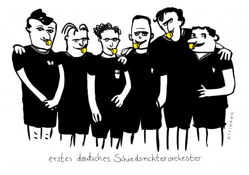 Cartoon: schiedsrichter-combo (medium) by kittihawk tagged schiedsrichter,pfeife,rote,gelbe,karte,fußball,em,wm,schiedsrichter,pfeife,rote,gelbe,karte,fußball,fussball,em,wm,kombo,orchester,musik,gesang,gruppe,team