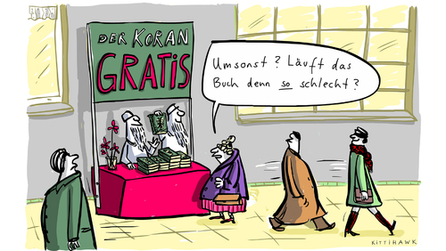 Cartoon: umsonst (medium) by kittihawk tagged islam,anwerbung,aktion,buch,gratis,salafisten,salafismus,verteilen,koran,koran,verteilen,salafismus,gratis,buch,aktion,anwerbung,islam