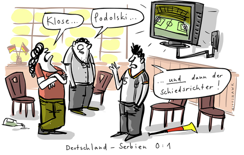 Cartoon: verloren (medium) by kittihawk tagged serbien,deutschland,verloren,wm,2010,fußball,klose,podolski,schiedsrichter,public,viewing