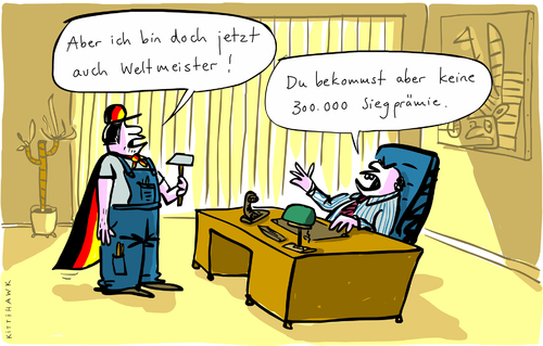 Cartoon: Weltmeister Prämie (medium) by kittihawk tagged welt,meister,deutschland,fanmeile,alle,ganz,kittihawk,2014,gehaltserhöhung,chef,arbeiter,keine,siegprämie,auch,welt,meister,deutschland,fanmeile,alle,ganz,kittihawk,2014,gehaltserhöhung,chef,arbeiter,keine,siegprämie,auch