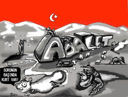 Cartoon: SURUNUN BASINDA KURT VAR! (medium) by Bern tagged kurt,suru,troupeau,loups