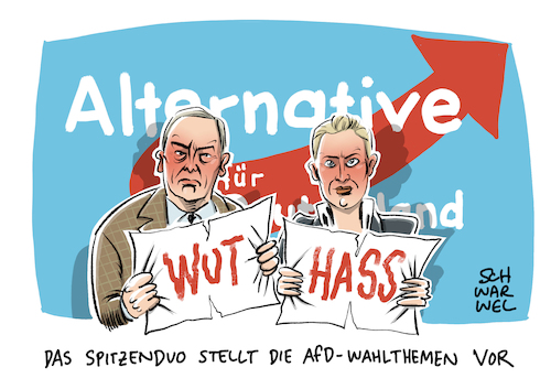 Cartoon: AfD Wahlprogramm (medium) by Schwarwel tagged wahl,wahlen,wähler,bundestagswahl,partei,parteien,deutschland,politik,politiker,afd,alternative,für,hass,hassrede,wut,wutbürger,populismus,populisten,rechtspopulismus,rechtsextrem,rechtsextremismus,nazi,neonazi,flüchtlinge,geflüchtete,flüchtlingspolitik,flüchtlingskrise,wahlprogramm,asyl,asylsuchende,asylpolitik,zuwanderung,migration,parteichef,parteichefin,gauland,nazis,weidel,hate,speech,parteitag,bundestagswahlkampf,spitzenkandidat,spitzenkandidaten,spitzenkandidatin,rechtspopulisten,nationalismus,nationalistisch,rechtsnational,rechtspopulistisch,rechtspopulistische,petry,storch,nationalistische,rede,bundesparteitag,karikatur,schwarwel,wahl,wahlen,wähler,bundestagswahl,partei,parteien,deutschland,politik,politiker,afd,alternative,für,hass,hassrede,wut,wutbürger,populismus,populisten,rechtspopulismus,rechtsextrem,rechtsextremismus,nazi,neonazi,flüchtlinge,geflüchtete,flüchtlingspolitik,flüchtlingskrise,wahlprogramm,asyl,asylsuchende,asylpolitik,zuwanderung,migration,parteichef,parteichefin,gauland,nazis,weidel,hate,speech,parteitag,bundestagswahlkampf,spitzenkandidat,spitzenkandidaten,spitzenkandidatin,rechtspopulisten,nationalismus,nationalistisch,rechtsnational,rechtspopulistisch,rechtspopulistische,petry,storch,nationalistische,rede,bundesparteitag,karikatur,schwarwel