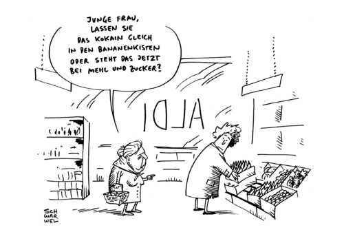 Cartoon: Aldi Berlin 140 Kilo Kokain (medium) by Schwarwel tagged aldi,berlin,140,kg,kokain,drogen,discounter,lebensmittelmarkt,karikatur,schwarwel,aldi,berlin,140,kg,kokain,drogen,discounter,lebensmittelmarkt,karikatur,schwarwel