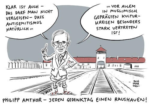 Cartoon: Antisemitismus Philipp Amthor (medium) by Schwarwel tagged philipp,amthor,cdu,auschwitz,auschwitz75,tag,der,befreiung,judenverfolgung,naziregime,holocaust,hitler,judenhass,juden,auslöschung,kz,konzentrationslager,holocaustleugung,nationalsozialismus,rote,armee,niewieder,weremeber,gaskammern,ss,mengele,muslime,muslimisch,antisemitismus,antisemit,ausländerhass,ausländerfeindlichkeit,massenmord,rechtsextremisten,rechtsextremismus,rechtspopulisten,nazi,nazis,nonazis,cartoon,karikatur,schwarwel,philipp,amthor,cdu,auschwitz,auschwitz75,tag,der,befreiung,judenverfolgung,naziregime,holocaust,hitler,judenhass,juden,auslöschung,kz,konzentrationslager,holocaustleugung,nationalsozialismus,rote,armee,niewieder,weremeber,gaskammern,ss,mengele,muslime,muslimisch,antisemitismus,antisemit,ausländerhass,ausländerfeindlichkeit,massenmord,rechtsextremisten,rechtsextremismus,rechtspopulisten,nazi,nazis,nonazis,cartoon,karikatur,schwarwel