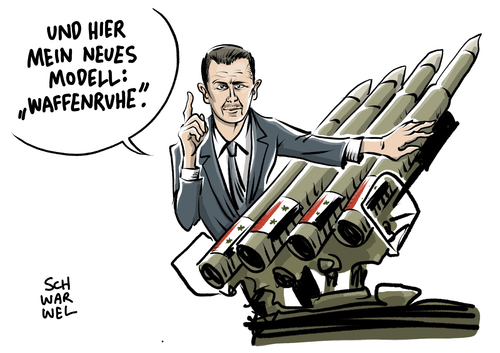 Cartoon: Assad Waffenruhe in Syrien (medium) by Schwarwel tagged waffenruhe,syrien,assad,waffen,gewalt,krieg,terror,feuerpause,terroristen,terrorist,karikatur,schwarwel,waffenruhe,syrien,assad,waffen,gewalt,krieg,terror,feuerpause,terroristen,terrorist,karikatur,schwarwel