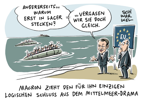 Cartoon: Aufnahmelager Flüchtlinge (medium) by Schwarwel tagged operation,sophia,asyl,migranten,asylsuchende,flüchtlingshotspots,nordafrika,afrika,flüchtlinge,geflüchtete,flüchtlingskrise,flüchtlingspolitik,mittelmeer,seenot,seenotruf,flüchtlingsroute,macron,aufnahmelager,hotpots,libyen,schiff,boot,flüchtlingsboote,flüchtlingsschiff,ngo,schleuser,schleuserbanden,eu,europa,europäische,union,kariaktur,schwarwel,operation,sophia,asyl,migranten,asylsuchende,flüchtlingshotspots,nordafrika,afrika,flüchtlinge,geflüchtete,flüchtlingskrise,flüchtlingspolitik,mittelmeer,seenot,seenotruf,flüchtlingsroute,macron,aufnahmelager,hotpots,libyen,schiff,boot,flüchtlingsboote,flüchtlingsschiff,ngo,schleuser,schleuserbanden,eu,europa,europäische,union,kariaktur,schwarwel