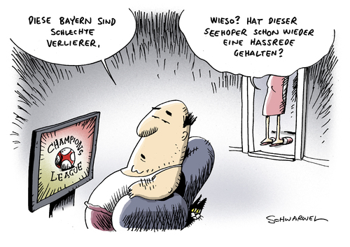 Cartoon: Bayern München Hassrede (medium) by Schwarwel tagged bayern,münchen,fußball,niederlage,spiel,tor,fc,chelsea,sport,mannschaft,spieler,team,landesvater,horst,seehofer,hassrede,hass,koalitionspartner,karikatur,schwarwel,politik,deutschland,regierung,minister,bayern münchen,fußball,chelsea,bayern,münchen