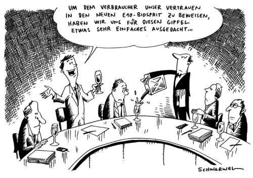 Cartoon: Benzingipfel (medium) by Schwarwel tagged super,e10,einführung,regierung,deutschland,politik,sprit,benzin,tankstelle,öl,karikatur,schwarwel,treibstoff,auto,fahrer,kfz,konzern,umwelt,bio,diesel,klima,energie,motor,wirtschaft,gipfel,diskussion,e10,regierung,benzin,sprit,tankstelle,öl,treibstoff,auto