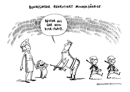 Cartoon: Bundeswehr Minderjährige Kita (medium) by Schwarwel tagged bundeswehr,rekrutiert,rekrut,minderjährige,soldaten,armee,dienst,wehrdienst,waffe,krieg,frieden,gewalt,ausbildung,kita,kinder,jugendliche,arbeit,lehre,job,terror,uniform,karikatur,schwarwel,stahlhelm,bundeswehr,rekrutiert,rekrut,minderjährige,soldaten,armee,dienst,wehrdienst,waffe,krieg,frieden,gewalt,ausbildung,kita,kinder,jugendliche,arbeit,lehre,job,terror,uniform,karikatur,schwarwel,stahlhelm