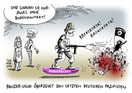 Cartoon: Bundeswehreinsatz in Syrien (medium) by Schwarwel tagged bundeswehr,einsatz,syrien,von,der,leyen,tot,tod,mord,gewalt,waffen,zivilbevölkerung,is,islamischer,staat,soldat,herr,armee,hooverboard,pazifist,krieg,terror,karikatur,schwarwel,bundeswehr,einsatz,syrien,von,der,leyen,tot,tod,mord,gewalt,waffen,zivilbevölkerung,is,islamischer,staat,soldat,herr,armee,hooverboard,pazifist,krieg,terror,karikatur,schwarwel