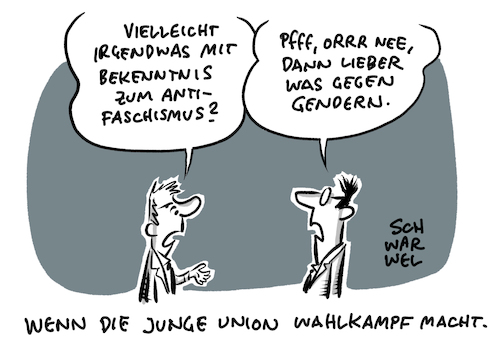 Cartoon: CDU Gendersternchen Wahlkampf (medium) by Schwarwel tagged bundestagswahl,bundestagswahlkampf,wahlkampf,wahl,wahlen,laschet,cdu,junge,union,umfragewerte,gendern,gendersternchen,antifaschismus,olaf,scholz,rot,gruen,links,linksextrem,linksradikal,zukunftsteam,cartoon,karikatur,schwarwel,bundestagswahl,bundestagswahlkampf,wahlkampf,wahl,wahlen,laschet,cdu,junge,union,umfragewerte,gendern,gendersternchen,antifaschismus,olaf,scholz,rot,gruen,links,linksextrem,linksradikal,zukunftsteam,cartoon,karikatur,schwarwel