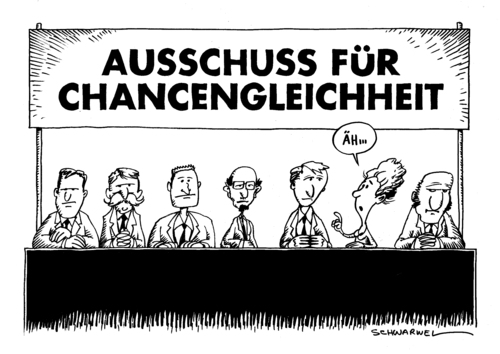 Cartoon: Chancengleichheit (medium) by Schwarwel tagged chancengleichheit,chance,gleichheit,recht,gesetz,freiheit,frau,mann,familie,karikatur,mädchen,woman,gerechtigkeit,verteilung,leben,arbeit,job,verbot,diskriminierung,lohn,gehalt,unternehmen,beruf,alltag,schwarwel,ausschuss,chancengleichheit,chance,gleichheit,recht,freiheit,familie,frauentag,gleichberechtigung,geschlechter