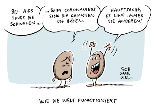 Cartoon: Coronavirus und Rassismus (medium) by Schwarwel tagged coronavirus,virus,china,epidemie,who,notstand,masern,grippe,krankheit,krank,todesfälle,impflicht,impfen,impfung,ebola,infektion,krankheitserreger,virusinfektion,cartoon,karikatur,schwarwel,chinesen,rassismus,rassisten,rechtsextremismus,diskriminierung,ausländer,ausländerfeindlichkeit,fremde,gelbe,gefahr,homophobie,homophob,schwul,schwule,lesbisch,coronavirus,virus,china,epidemie,who,notstand,masern,grippe,krankheit,krank,todesfälle,impflicht,impfen,impfung,ebola,infektion,krankheitserreger,virusinfektion,cartoon,karikatur,schwarwel,chinesen,rassismus,rassisten,rechtsextremismus,diskriminierung,ausländer,ausländerfeindlichkeit,fremde,gelbe,gefahr,homophobie,homophob,schwul,schwule,lesbisch