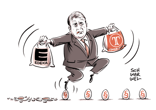 Cartoon: Edeka Tengelmann Gabriel (medium) by Schwarwel tagged klage,supermarkt,übernahme,sigmar,gabriel,brechstange,arbeitsplätze,tengelmann,fusion,kaiser,lebensmittelhändler,minister,edeka,karikatur,schwarwel,klage,supermarkt,übernahme,sigmar,gabriel,brechstange,arbeitsplätze,tengelmann,fusion,kaiser,lebensmittelhändler,minister,edeka,karikatur,schwarwel