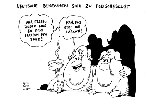 Cartoon: Fleischkonsum der Deutschen (medium) by Schwarwel tagged fleisch,nahrung,konsum,essen,tier,tot,leid,natur,umwelt,verheerende,folgen,gesundheit,hunger,entwicklungsländer,karikatur,schwarwel,grausam,mord,quälerei,schwein,rind,kuh,huhn,ente,geflügel,fleisch,nahrung,konsum,essen,tier,tot,leid,natur,umwelt,verheerende,folgen,gesundheit,hunger,entwicklungsländer,karikatur,schwarwel,grausam,mord,quälerei,schwein,rind,kuh,huhn,ente,geflügel