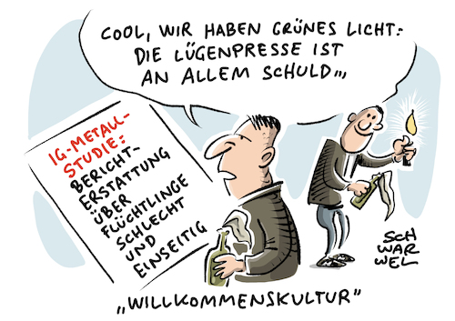 Cartoon: Flüchtlinge Berichterstattung (medium) by Schwarwel tagged studie,berichterstattung,flüchtlinge,geflüchtete,flüchtlingskrise,flüchtlingspolitik,regierung,politik,politiker,medien,nazi,nazis,rechts,rechtspopulismus,brennende,flüchtlingsheime,rechtspopluisten,ausländer,ausländrfeindlichkeit,journalismus,journalist,zeitungen,redaktionen,redakteure,tv,lügenpresse,printmedien,rundfunkanstalten,rundfunk,willkommenskultur,migration,medienberichterstattung,ig,metall,karikatur,schwarwel