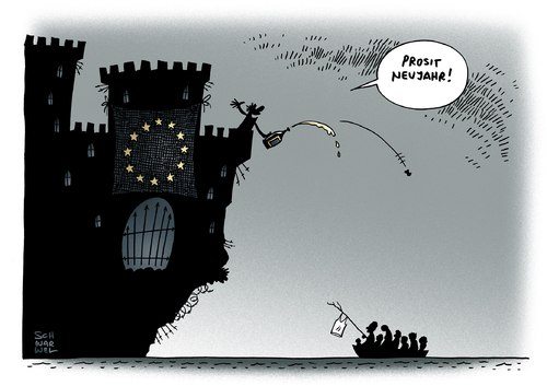 Cartoon: Flüchtlingsdrama vor Europas T (medium) by Schwarwel tagged flüchtlingsdrama,europa,karikatur,schwarwel,flüchtlinge,prosit,neujahr,eu,festung,hilfe,flüchtlingsdrama,europa,karikatur,schwarwel,flüchtlinge,prosit,neujahr,eu,festung,hilfe