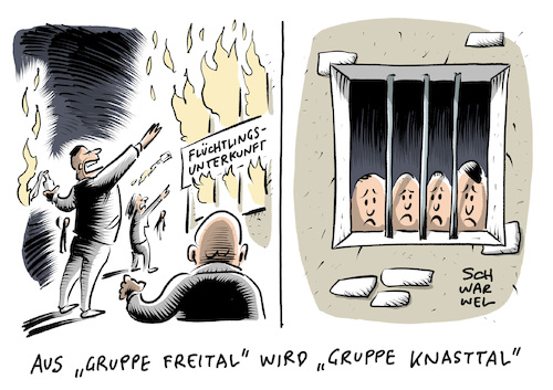 Cartoon: Freital rechter Terror (medium) by Schwarwel tagged gruppe,freital,prozess,gericht,urteil,recht,gesetz,terror,terroristische,vereinigung,haftstrafe,haftstrafen,rechts,rechte,nazi,nazis,rechtsextrem,rechtsextremismus,faschismus,faschisten,rassismus,rassistisch,rassenhass,rechtspopulisten,rechtspopulismus,populismus,rechtspopulistisch,populistisch,cartoons,gegen,nonazis,afd,alternative,für,deutschland,braunes,sachsen,heil,hitler,sieg,terrorgruppe,terrorismus,haft,verurteilung,mord,sprengstoffanschläge,flüchtlingsunterkünfte,brennende,flüchtlingsheime,flüchtlinge,geflüchtete,flüchtlingsunterkunft,flüchtlingsheim,asylheim,asylunterkunft,rädelsführerschaft,rädelsführer,ausländerfeindlichkeit,bürgerwehr,wutbürger,hetze,hass,neonazi,neonazis,naziherrschaft,rechtsradikal,rechtsextremistische,ideologie,asylbewerberunterkunft,fremdenfeindlich,fremdenfeindlichkeit,npd,gefängnis,karikatur,schwarwel,gruppe,freital,prozess,gericht,urteil,recht,gesetz,terror,terroristische,vereinigung,haftstrafe,haftstrafen,rechts,rechte,nazi,nazis,rechtsextrem,rechtsextremismus,faschismus,faschisten,rassismus,rassistisch,rassenhass,rechtspopulisten,rechtspopulismus,populismus,rechtspopulistisch,populistisch,cartoons,gegen,nonazis,afd,alternative,für,deutschland,braunes,sachsen,heil,hitler,sieg,terrorgruppe,terrorismus,haft,verurteilung,mord,sprengstoffanschläge,flüchtlingsunterkünfte,brennende,flüchtlingsheime,flüchtlinge,geflüchtete,flüchtlingsunterkunft,flüchtlingsheim,asylheim,asylunterkunft,rädelsführerschaft,rädelsführer,ausländerfeindlichkeit,bürgerwehr,wutbürger,hetze,hass,neonazi,neonazis,naziherrschaft,rechtsradikal,rechtsextremistische,ideologie,asylbewerberunterkunft,fremdenfeindlich,fremdenfeindlichkeit,npd,gefängnis,karikatur,schwarwel