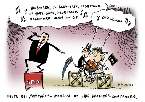Cartoon: Gabriel SPD Merkel Halbbstarke (medium) by Schwarwel tagged spd,partei,chef,sigmar,gabriel,regierung,koalition,merkel,parteitagsrede,halbbstarke,politik,deutschland,karikatur,schwarwel,cdu,fdp,bund,popstar,star,big,brother,container,spd,partei,sigmar gabriel,koalition,merkel,parteitagsrede,deutschland,halbbstarke,sigmar,gabriel