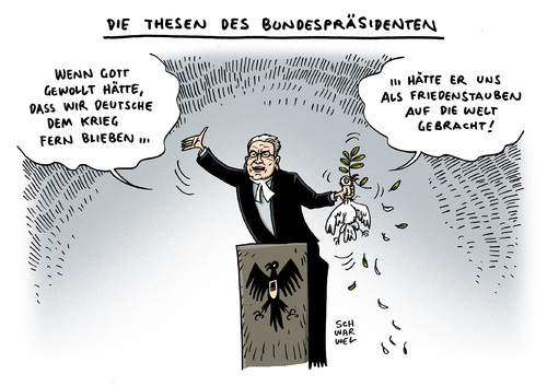 Cartoon: Gauck für Kriegsbeteiligung (medium) by Schwarwel tagged gauck,bundespräsident,pro,für,krieg,frieden,gewalt,mord,tot,waffen,terror,pastor,karikatur,schwarwel,gott,friedenstaube,gauck,bundespräsident,pro,für,krieg,frieden,gewalt,mord,tot,waffen,terror,pastor,karikatur,schwarwel,gott,friedenstaube