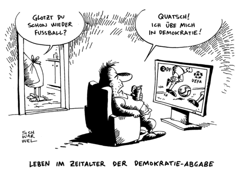 Cartoon: GEZ Rundfunkgebühr ARD ZDF (medium) by Schwarwel tagged rundfunkabgabe,fernsehen,karikatur,schwarwel,rundfunkgebühr,gez,ard,zdf,tv,demokratieabgabe,fußball,sendung,serie,öffentlich,rechtlicher,rundfunk,streit,rundfunkabgabe,fernsehen,karikatur,schwarwel,rundfunkgebühr,gez,ard,zdf,tv,demokratieabgabe,fußball,sendung,serie,öffentlich,rechtlicher,rundfunk,streit