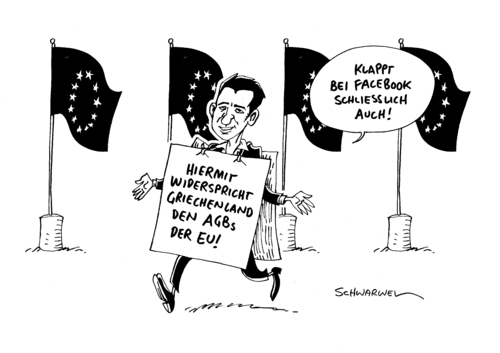 Cartoon: Griechenland Tsipras gegen EU (medium) by Schwarwel tagged griechenland,tsipras,gegen,eu,regierung,dogmen,europäische,union,facebook,widerspruch,agb,karikatur,schwarwel,politik,griechenland,tsipras,gegen,eu,regierung,dogmen,europäische,union,facebook,widerspruch,agb,karikatur,schwarwel,politik