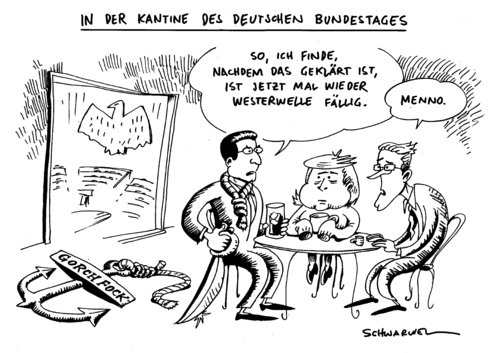 Cartoon: Guttenberg und Westerwelle (medium) by Schwarwel tagged guttenberg,staffelstab,westerwelle,angela,merkel,angie,kantine,deutscher,bundestag,deutsch,gorch,fock,politik,regierung,minister,chef,führung,gespräch,meeting,treffen,statt,bundesrepublik,tisch,essen,karikatur,schwarwel,partei,cdu,fdp,marine,bundeswehr,skandal,krise,guttenberg,staffelstab,westerwelle,angela,merkel,angie,kantine,deutscher,bundestag,deutsch,gorch,fock,politik,regierung,minister,chef,führung,gespräch,meeting,treffen,bundesrepublik,cdu,fdp,marine,bundeswehr