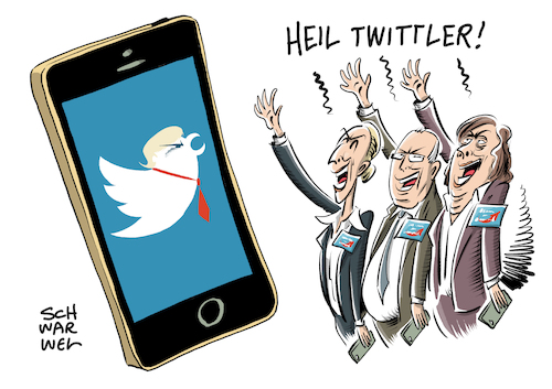 Cartoon: Heil Twittler (medium) by Schwarwel tagged donald,trump,heil,twittler,twitter,social,media,soziale,netzwerke,soziales,netzwerk,www,world,wide,web,online,account,profil,like,gefällt,mir,medien,rechtspopulismus,rechtspopulisten,rechtsextrem,rechtsextremismus,rassenhass,rassismus,rassisten,rassistisch,ausländerhass,ausländefeindlichkeit,nazi,nazis,nonazis,neonazis,hitler,sieg,nationalsozialismus,holocaust,verleugnung,juden,vergasung,afd,alternative,für,deutschland,hatespeech,hasskommentare,alice,weidel,gauland,von,storch,frauke,petry,höcke,noafd,cartoons,gegen,rechts,flüchtlinge,geflüchtete,flüchtlingskrise,flüchtlingspolitik,asylpolitik,asyl,flüchtlingsheime,populismus,populisten,populistisch,america,amerika,us,usa,first,make,great,again,smartphone,iphone,netzdg,netzdurchwirkungsgesetz,facebook,instagram,sperrung,tweet,tweets,post,postings,hakenkreuz,cartoon,karikatur,schwarwel,donald,trump,heil,twittler,twitter,social,media,soziale,netzwerke,soziales,netzwerk,www,world,wide,web,online,account,profil,like,gefällt,mir,medien,rechtspopulismus,rechtspopulisten,rechtsextrem,rechtsextremismus,rassenhass,rassismus,rassisten,rassistisch,ausländerhass,ausländefeindlichkeit,nazi,nazis,nonazis,neonazis,hitler,sieg,nationalsozialismus,holocaust,verleugnung,juden,vergasung,afd,alternative,für,deutschland,hatespeech,hasskommentare,alice,weidel,gauland,von,storch,frauke,petry,höcke,noafd,cartoons,gegen,rechts,flüchtlinge,geflüchtete,flüchtlingskrise,flüchtlingspolitik,asylpolitik,asyl,flüchtlingsheime,populismus,populisten,populistisch,america,amerika,us,usa,first,make,great,again,smartphone,iphone,netzdg,netzdurchwirkungsgesetz,facebook,instagram,sperrung,tweet,tweets,post,postings,hakenkreuz,cartoon,karikatur,schwarwel