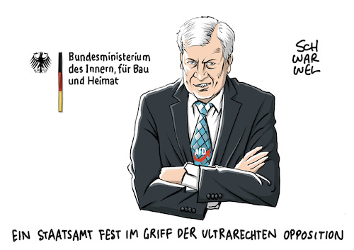 Cartoon: Innenminister Seehofer AfD (medium) by Schwarwel tagged seehofer,csu,innenminister,heimatminister,bundesinnenminister,afd,alternative,für,deutschland,politik,politiker,minister,rechtsextrem,rechtsextremismus,rechtspopulismus,rechtspopulisten,nazipartei,nazi,nazis,nonazis,neonazi,neonazis,ultrarechts,ultrarechte,seenotrettung,seenotretter,flüchtlige,geflüchtete,flüchtlingskrise,asylkrise,asylpolitik,merkel,union,asylstreit,abschiebung,asylanträge,grenze,grenzzaun,obergrenze,politbarometer,umfrage,markus,söder,beliebheitsskala,rücktritt,rücktrittsforderungen,wahl,wahlen,cartoon,karikatur,schwarwel,seehofer,csu,innenminister,heimatminister,bundesinnenminister,afd,alternative,für,deutschland,politik,politiker,minister,rechtsextrem,rechtsextremismus,rechtspopulismus,rechtspopulisten,nazipartei,nazi,nazis,nonazis,neonazi,neonazis,ultrarechts,ultrarechte,seenotrettung,seenotretter,flüchtlige,geflüchtete,flüchtlingskrise,asylkrise,asylpolitik,merkel,union,asylstreit,abschiebung,asylanträge,grenze,grenzzaun,obergrenze,politbarometer,umfrage,markus,söder,beliebheitsskala,rücktritt,rücktrittsforderungen,wahl,wahlen,cartoon,karikatur,schwarwel