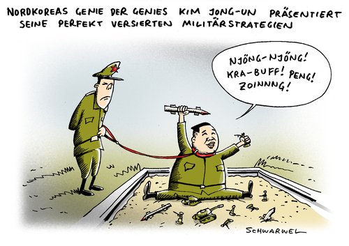 Cartoon: Kim Jong-un Militärexperte (medium) by Schwarwel tagged nordkorea,korea,staat,land,regierung,soldat,militär,macht,machtfigur,kim,jong,un,experte,krieg,terror,gewalt,karikatur,schwarwel,waffe,panzer,flieger,rakete,nordkorea,korea,staat,regierung,militär,terror,krieg,karikatur,gewalt,kim jon un,kim,jong,un,jon