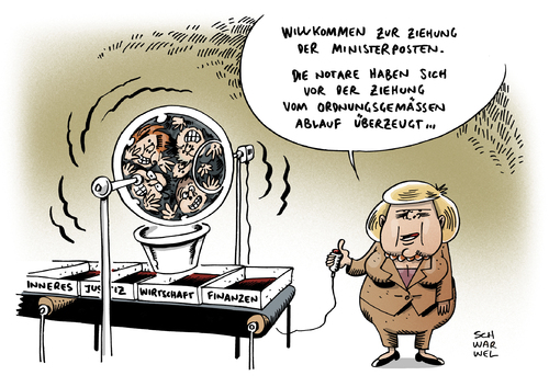 Cartoon: Koalition Merkel Minister (medium) by Schwarwel tagged koalition,in,spe,kanzlerin,merkel,sucht,nach,personalien,minister,politik,deutschland,wirtschaft,finanzen,inneres,justiz,notar,ziehung,karikatur,schwarwel,koalition,in,spe,kanzlerin,merkel,sucht,nach,personalien,minister,politik,deutschland,wirtschaft,finanzen,inneres,justiz,notar,ziehung,karikatur,schwarwel