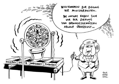 Cartoon: Koalition Merkel Minister (medium) by Schwarwel tagged koalition,in,spe,kanzlerin,merkel,sucht,nach,personalien,minister,politik,deutschland,wirtschaft,finanzen,inneres,justiz,notar,ziehung,karikatur,schwarwel,koalition,in,spe,kanzlerin,merkel,sucht,nach,personalien,minister,politik,deutschland,wirtschaft,finanzen,inneres,justiz,notar,ziehung,karikatur,schwarwel