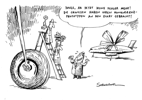 Cartoon: Konkurrent für Airbus u. Boeing (medium) by Schwarwel tagged china,flugzeug,airbus,boeing,flieger,konkurrent,flug,passagier,comac,bau,hersteller,prototyp,jet,messe,luftfahrt,fahrt,fehler,absturz,china,flugzeug,airbus,boeing,flieger,konkurrent,passagier,comac,hersteller,prototyp,jet,messe,luftfahrt,fahrt,absturz,flugsicherheit,sicherheit,wartung,technik