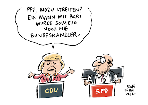 Cartoon: Merkel Schulz Wahlkampf (medium) by Schwarwel tagged bundestagswahl,bundestagswahlkampf,wahlkampf,wahl,wahlen,wählen,wähler,angela,merkel,angie,martin,schulz,soziale,gerechtigkeit,tv,duell,politiker,politik,kanzlerin,kanzlerkandidat,kanzler,bundeskanzlerin,bundeskanzler,kandidat,spd,cdu,parteien,wahlplakat,fernsehen,bildung,rente,flüchtlinge,geflüchtete,flüchtlingskrise,karikatur,schwarwel,wir,schaffen,das,strategie,mann,bart,bundestagswahl,bundestagswahlkampf,wahlkampf,wahl,wahlen,wählen,wähler,angela,merkel,angie,martin,schulz,soziale,gerechtigkeit,tv,duell,politiker,politik,kanzlerin,kanzlerkandidat,kanzler,bundeskanzlerin,bundeskanzler,kandidat,spd,cdu,parteien,wahlplakat,fernsehen,bildung,rente,flüchtlinge,geflüchtete,flüchtlingskrise,karikatur,schwarwel,wir,schaffen,das,strategie,mann,bart