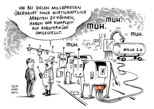 Cartoon: Milchpreis Kostendruck Bauern (medium) by Schwarwel tagged milchpreis,milch,preise,kostendruckl,kosten,milchbauern,bauer,landwirtschaft,ernährung,nahrung,lebensmittel,roboterkühe,roboter,kuh,tier,karikatur,schwarwel,geld,wirtschaft,finanzen,krise,milchpreis,milch,preise,kostendruckl,kosten,milchbauern,bauer,landwirtschaft,ernährung,nahrung,lebensmittel,roboterkühe,roboter,kuh,tier,karikatur,schwarwel,geld,wirtschaft,finanzen,krise