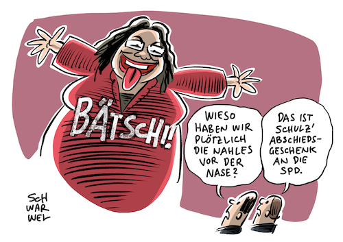 Cartoon: Nahles Schulz SPD (medium) by Schwarwel tagged groko,nogroko,zwergenaufstand,bundestagswahl,2017,wahl,spd,partei,politiker,politikerin,deutshcland,nahles,martin,schulz,nachfolge,sigmar,gabriel,außenminister,parteichefin,parteivorsitz,parteispitze,sozialdemokraten,koalition,koalitionsvertrag,koalitionsverhandlungen,personaldebatte,karikatur,schwarwel,groko,nogroko,zwergenaufstand,bundestagswahl,2017,wahl,spd,partei,politiker,politikerin,deutshcland,nahles,martin,schulz,nachfolge,sigmar,gabriel,außenminister,parteichefin,parteivorsitz,parteispitze,sozialdemokraten,koalition,koalitionsvertrag,koalitionsverhandlungen,personaldebatte,karikatur,schwarwel