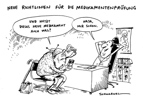 Cartoon: Neue Medikamentenprüfung erfreu (medium) by Schwarwel tagged neue,medikamentenprüfung,erfreut,pharmalobby,medikament,regierung,politik,geld,witz,karikatur,schwarwel,neue,medikamentenprüfung,medikamente,medizin,gesundheit,erfreut,medikament,regierung,geld,witz,praxis,arzt,ärzte,patienten,pharmalobby