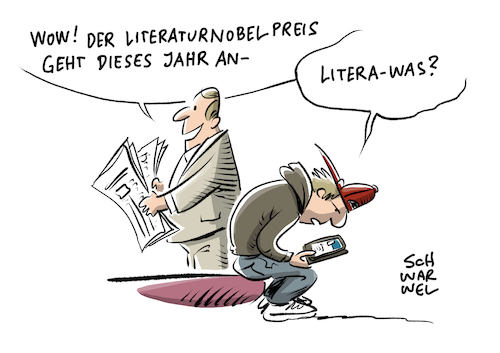 Cartoon: Nobelpreis für Literatur (medium) by Schwarwel tagged nobelpreis,preis,wettbewerb,auszeichnung,literatur,buch,book,bücher,lesen,jugend,jugendliche,jugendlicher,schule,bildung,wissen,lernen,social,media,soziale,netzwerke,online,www,world,wide,web,twitter,facebook,tweet,tweets,hashtag,iphone,handy,games,youtube,kazuo,ishiguro,karikatur,schwarwel,nobelpreis,preis,wettbewerb,auszeichnung,literatur,buch,book,bücher,lesen,jugend,jugendliche,jugendlicher,schule,bildung,wissen,lernen,social,media,soziale,netzwerke,online,www,world,wide,web,twitter,facebook,tweet,tweets,hashtag,iphone,handy,games,youtube,kazuo,ishiguro,karikatur,schwarwel