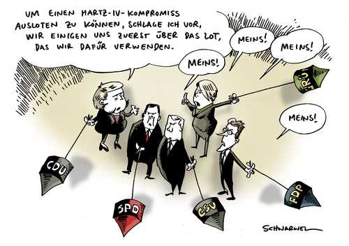 Cartoon: Parteien Kompromiss für Hartz I (medium) by Schwarwel tagged partei,regierung,deutschland,cdu,csu,spd,fdp,grüne,angela,merkel,westerwelle,gabriel,politik,staat,hartz,iv,arbeitslos,geld,sozial,kompromiss,krise,lohn,arbeit,karikatur,schwarwel,partei,regierung,deutschland,cdu,csu,spd,fdp,grüne,angela merkel,guido westerwelle,hartz,arbeitslos,lohn,krise,arbeit,job,arbeitslosigkeit,angela,merkel,guido,westerwelle