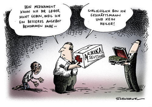 Cartoon: Pharmageschäfte HIV (medium) by Schwarwel tagged pharmageschäfte,hiv,pharmazie,konzern,geld,macht,betrug,etikett,medikament,afrika,verkauf,deutschland,ermittler,arznei,arzneimittel,händler,medizin,polizei,staatsanwalt,gesetz,strafe,verbrechen,menschen,opfer,aids,virus,geschäft,karikatur,schwarwel,pharmageschäfte,hiv,pharmazie,konzern,geld,betrug,etikett,medikament,afrika,verkauf,handel,arznei,ermittler,arzneimittel,medizin,gesundheit