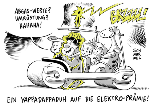 Cartoon: Prämie für Elektroautos (medium) by Schwarwel tagged elektroauto,elektro,energie,kfz,umweltschutz,umwelt,käufer,euro,flintstones,abgas,werte,prämie,kaufprämie,hybrid,karikatur,schwarwel,elektroauto,elektro,energie,kfz,umweltschutz,umwelt,käufer,euro,flintstones,abgas,werte,prämie,kaufprämie,hybrid,karikatur,schwarwel