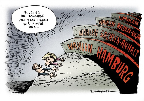 Cartoon: Regierungskoalition in Talsohle (medium) by Schwarwel tagged regierungskoalition,talsohle,regierung,tief,krise,angela,merkel,guido,westerwelle,koalition,partei,deutschlend,republik,politik,polititker,führung,staat,karikatur,schwarwel,regierungskoalition,talsohle,regierung,tief,krise,angela merkel,guido westerwelle,partei,deutschlend,republik,angela,merkel,guido,westerwelle