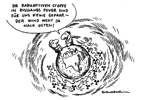 Cartoon: Russland radioaktive Schadstoffe (medium) by Schwarwel tagged russland,radioaktiv,schadstoff,gefahr,deutschland,feuer,brand,waldbrände,wind,osten,karikatur,schwarwel