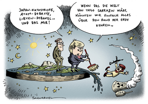 Cartoon: Sarrazins Welt (medium) by Schwarwel tagged sarrazin,welt,angela,merkel,lage,haltung,japan,katastrofe,tsunami,erdbeben,atom,atomkraft,reaktor,umwelt,natur,zerstörung,strahlen,akw,langzeitverlängerung,atomkraftwerk,explosion,überschwemmung,libyen,gaddafi,mord,tod,demonstration,aufstand,krieg,militär,politik,karikatur,schwarwel,sarrazin,angela merkel,japan,akw,atomkraftwerk,fukushima,atomenergie,atomkraft,ausstieg,rücknahme,laufzeitverlängerung,landtagswahl,landtagswahlen,angela,merkel