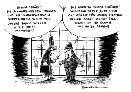 Cartoon: Schadensersatz und Krise (medium) by Schwarwel tagged schadensersatz,krise,fehler,bank,manager