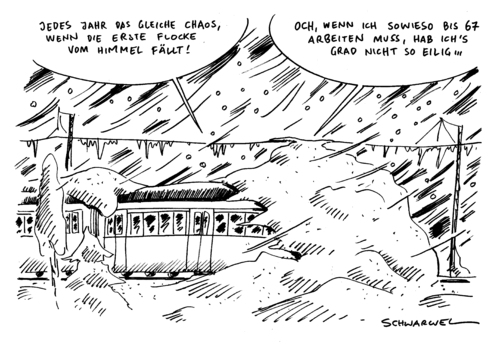 Cartoon: Schneechaos im Verkehr (medium) by Schwarwel tagged schnee,winter,chaos,kälte,bahn,verkehr,rente,von,der,leyen,karikatur,schwarwel,sozial,deutschland,regierung,politik,schnee,winter,chaos,kälte,bahn,verkehr,rente,leyen,sozial,deutschland,regierung,wetter,frieren,db,klima