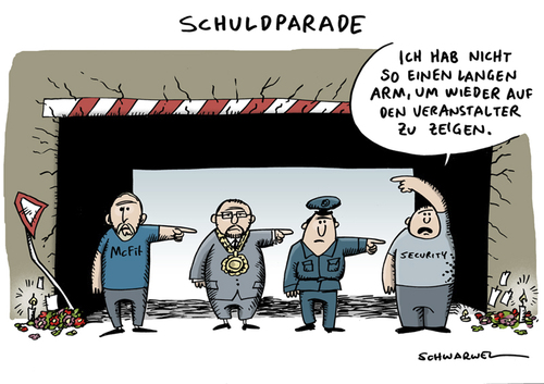 Cartoon: Schuldparade Loveparade (medium) by Schwarwel tagged loveparade,schuld,duisburg,mcfit,stadt,polizei,karikatur,schwarwel