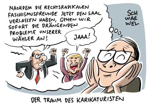 Cartoon: Schulz Kahrs AfD Bundestag (medium) by Schwarwel tagged faschismus,faschisten,rechtsextremismus,rechtsextrem,nazi,nazis,nonazis,geflüchtete,flüchtlinge,flüchtlingskrise,flüchtlingspolitik,migration,migrationspolitik,ausländerhass,ausländerfeindlichkeit,hass,hetze,afd,altrnative,für,deutschland,rechts,partei,politik,politiker,rechtsruck,bundestag,gauland,weidel,von,storch,höcke,martin,schulz,spd,kahrs,positionierung,position,statement,karikaturist,karikatur,cartoon,schwarwel,rechtsradikal,rechtsradikalismus,merkel,fraktion,lügenpresse,wutbrüger,hasskommentare,nationalsozialismus,faschismus,faschisten,rechtsextremismus,rechtsextrem,nazi,nazis,nonazis,geflüchtete,flüchtlinge,flüchtlingskrise,flüchtlingspolitik,migration,migrationspolitik,ausländerhass,ausländerfeindlichkeit,hass,hetze,afd,altrnative,für,deutschland,rechts,partei,politik,politiker,rechtsruck,bundestag,gauland,weidel,von,storch,höcke,martin,schulz,spd,kahrs,positionierung,position,statement,karikaturist,karikatur,cartoon,schwarwel,rechtsradikal,rechtsradikalismus,merkel,fraktion,lügenpresse,wutbrüger,hasskommentare,nationalsozialismus