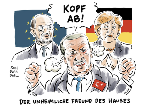 Cartoon: Schulz kritisiert Erdogan (medium) by Schwarwel tagged harte,kritik,schulz,eu,europäisches,parlament,erdogan,angela,merkel,angie,parlamentspräsident,martin,türkischer,staatschef,türkei,grundrechtsverletzungen,flüchtlingsfrage,satire,beitrag,ndr,magazin,extra3,karikatur,schwarwel,harte,kritik,schulz,eu,europäisches,parlament,erdogan,angela,merkel,angie,parlamentspräsident,martin,türkischer,staatschef,türkei,grundrechtsverletzungen,flüchtlingsfrage,satire,beitrag,ndr,magazin,extra3,karikatur,schwarwel